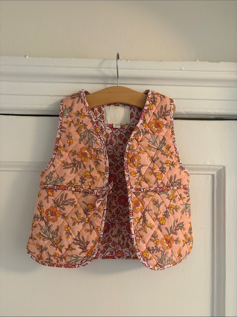 Zara Kids - Pink Floral Quilted Kids Vest with Yellow Accents